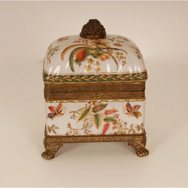 1980s Vintage Bronze Mounted Porcelain Box Hand Painted Butterflies and Floral Decor For Sale - Image 6 of 10