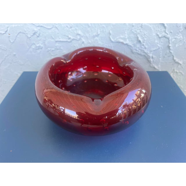 Mid-Century Modern Large Handblown Ruby Red Controlled Bubble Glass Ashtray / Art Glass Catchall Bowl For Sale - Image 3 of 8