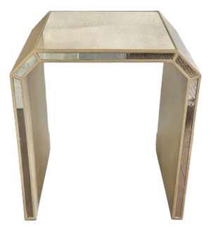 Art Deco Modern Style Mirrored Nicola Side Table by Made Goods With Hand-Laid Distressed Antiqued Mirror Panels and Gold Edging