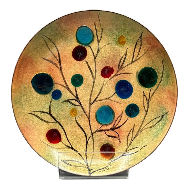 Vintage Hilary “Tree of Life” Enamel on Copper Plate With Glass Cabochons For Sale