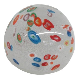 Mid Century Millefiori Art Glass Paperweight White Red Blue Green Orange 5129b For Sale