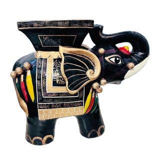 1960s Hand Painted Chinoiserie Style Large Ceramic Elephant Garden Stool For Sale