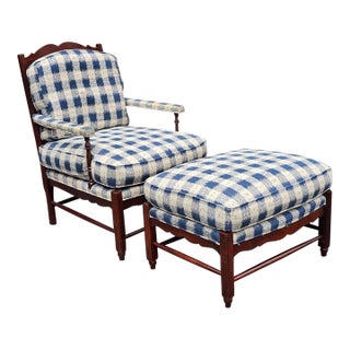 Late 20th Century Hickory Chair Colonial Revival Cherry and Upholstered Lounge Chair & Ottoman Set For Sale