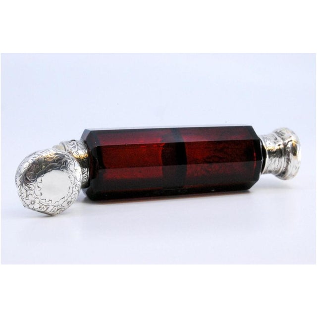 Double Perfume Bottle in Garnet Glass with Engraved Silver Caps For Sale - Image 3 of 8