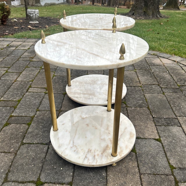 Late 20th Century Pair 2 Tier Marble Top Brass Side Tables For Sale - Image 4 of 9