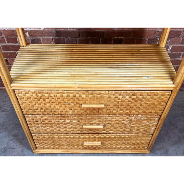Wood Vintage BoHo Bamboo & Rattan 3 Drawer Etagere Bookcase For Sale - Image 7 of 12