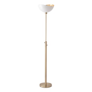 Minimalist Luna Torchiere Floor Lamp 70" H - Mid-Century Modern, White Gold Shade, Weathered Brass, Dimmable, Bulb Included For Sale