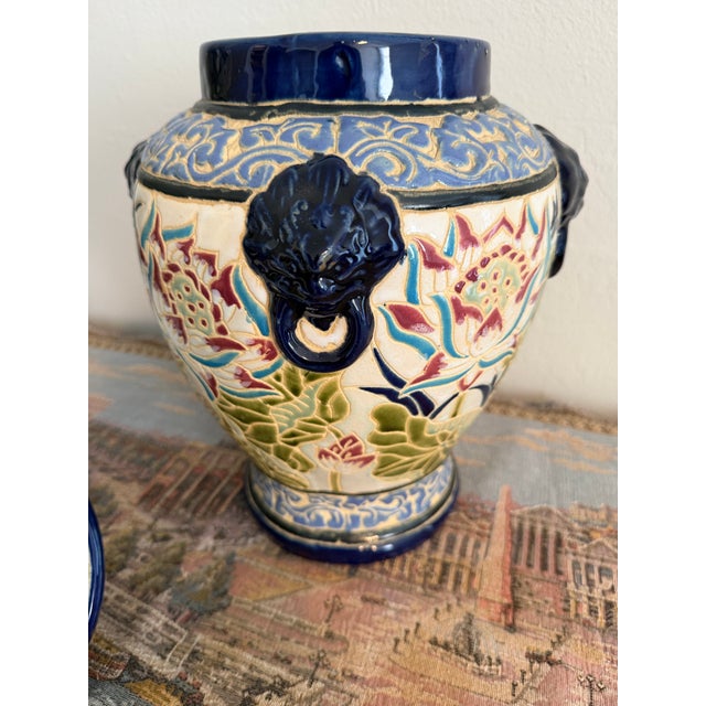 Vintage Chinoiserie 15" Majolica Temple Jar With 4 Blue Lion Handles For Sale In Naples, FL - Image 6 of 11