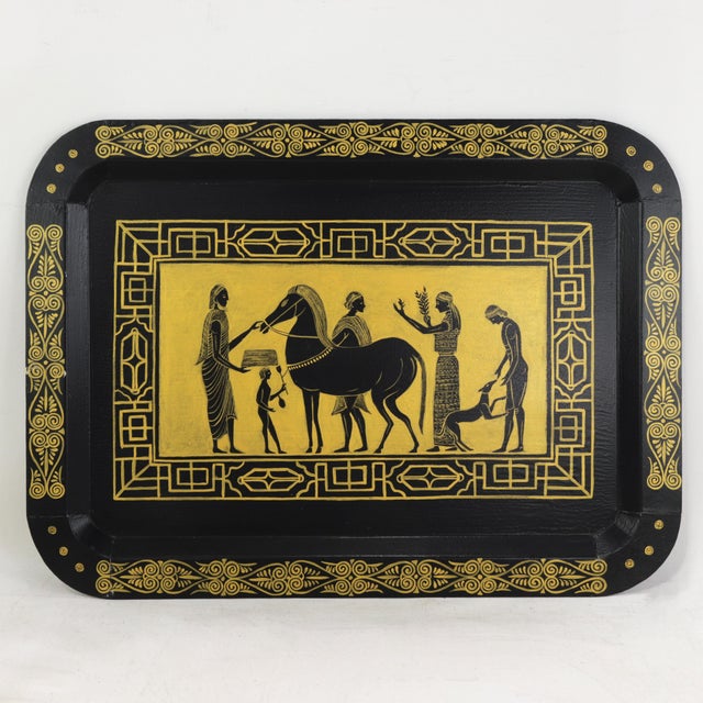 Vintage Hand Painted Egyptian Revival Tole Tray Black and Gold Pharaoh Motif Rectangular Serving Tray For Sale - Image 12 of 12
