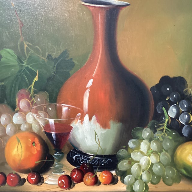 Realistic Painting on Canvas Still Life Fruit and Pottery Composition by Frank Lean Framed Circa 1960s For Sale - Image 4 of 12