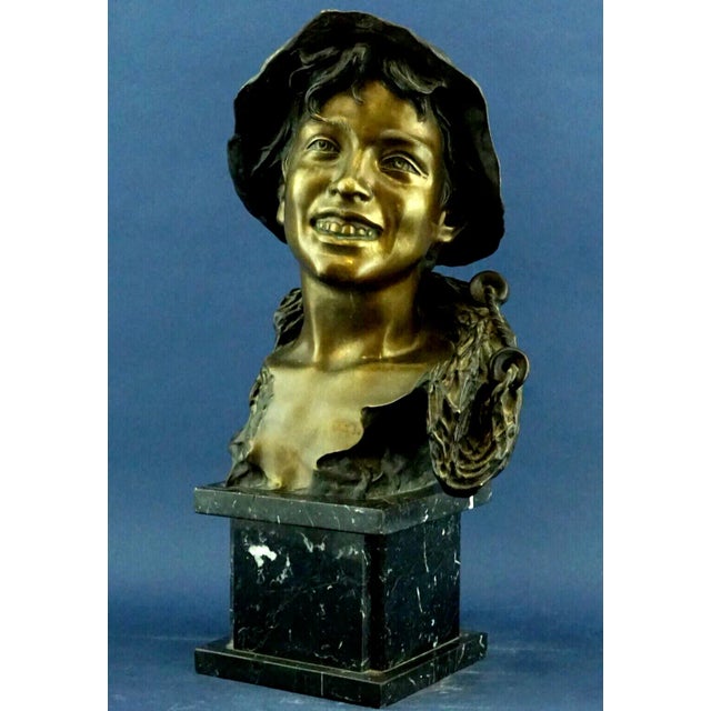 Description of the item: Huge, majestic bronze bust, partially gilded, with marble base. Depicting a young Neapolitan...