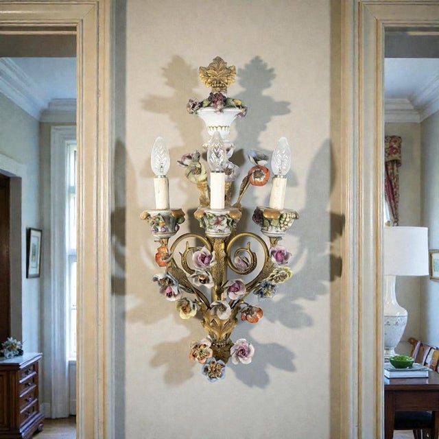 Early 19th Century Gilt Bronze Sconces with Porcelain Flowers, 1830, Set of 4 For Sale - Image 5 of 12