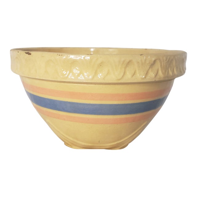 Early 20th Century Pottery Mixing Bowl With Pink & Blue Stripe & Pie Crust Edge For Sale