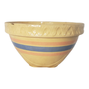 Early 20th Century Pottery Mixing Bowl With Pink & Blue Stripe & Pie Crust Edge