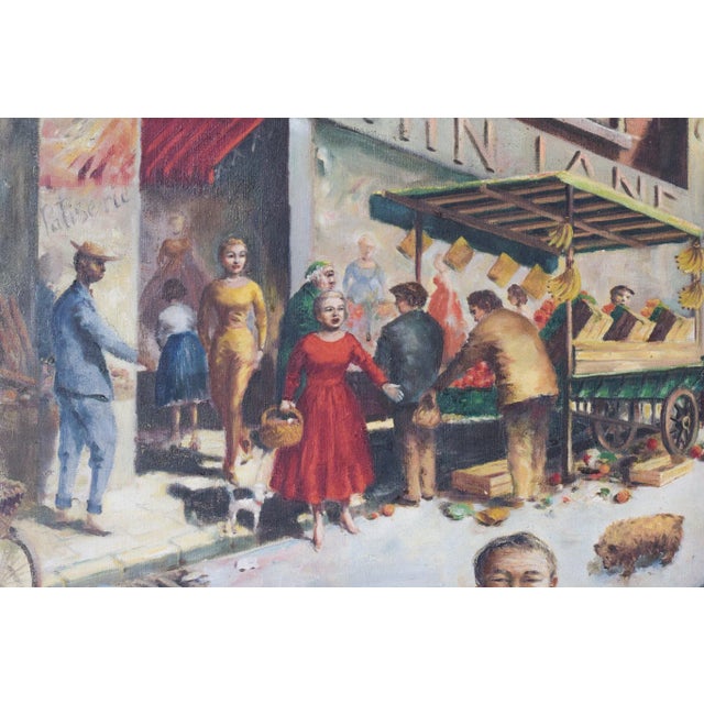 A classic scene depicting a british street during the 50s, busy with activity and the noise of life. The bright colours...