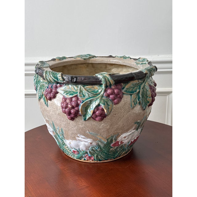 1980s Majolica Style Rabbits and Grapevine Planter For Sale - Image 4 of 10
