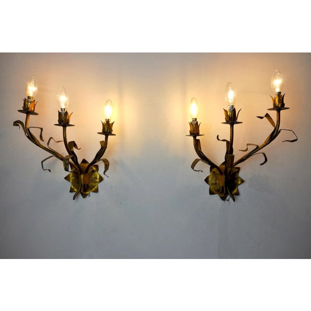 Regency Italian Floral Sconces in Metallic, 1950s, Set of 2 For Sale - Image 3 of 8