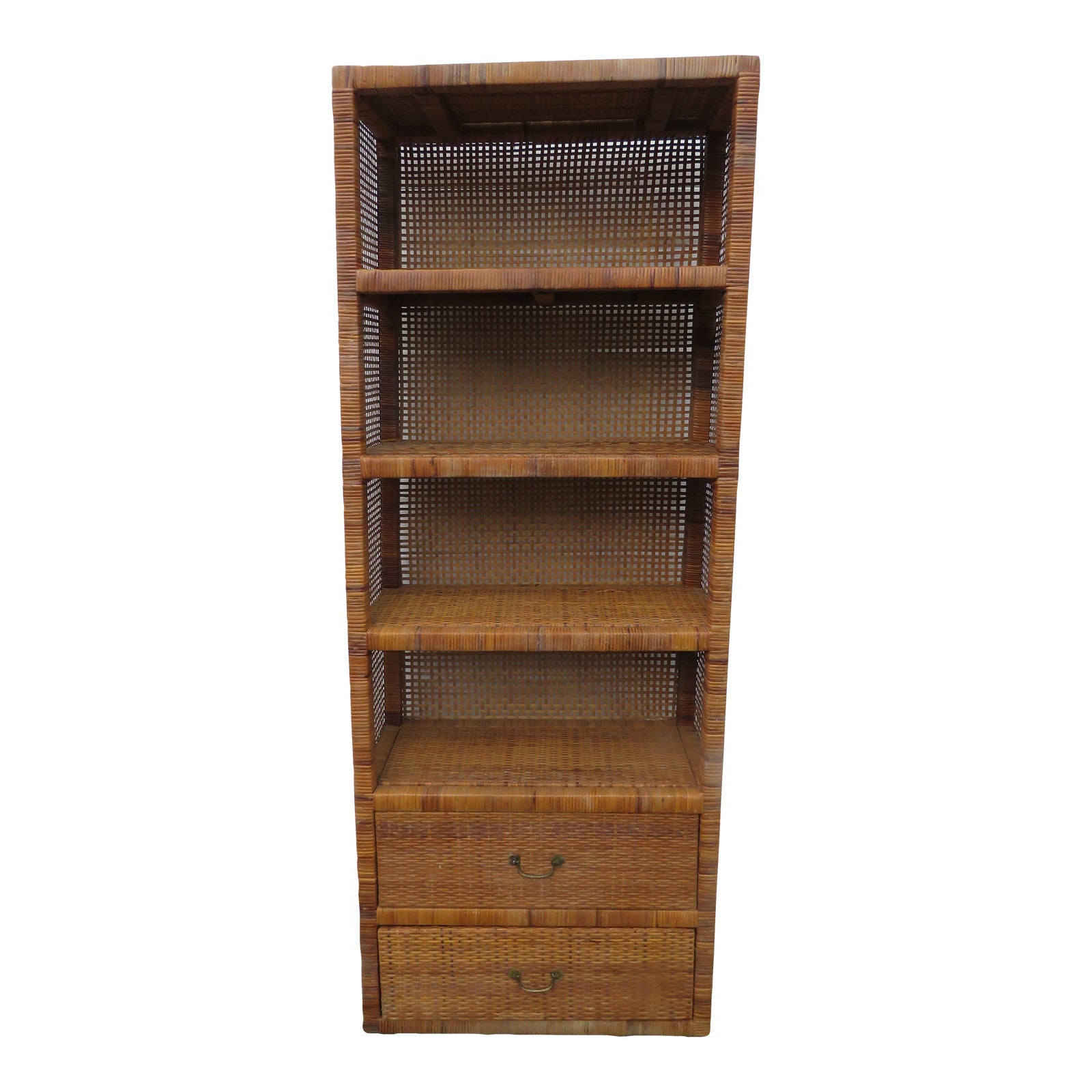 Hollywood Regency Faux Bamboo Caning Tall Bookcase Display