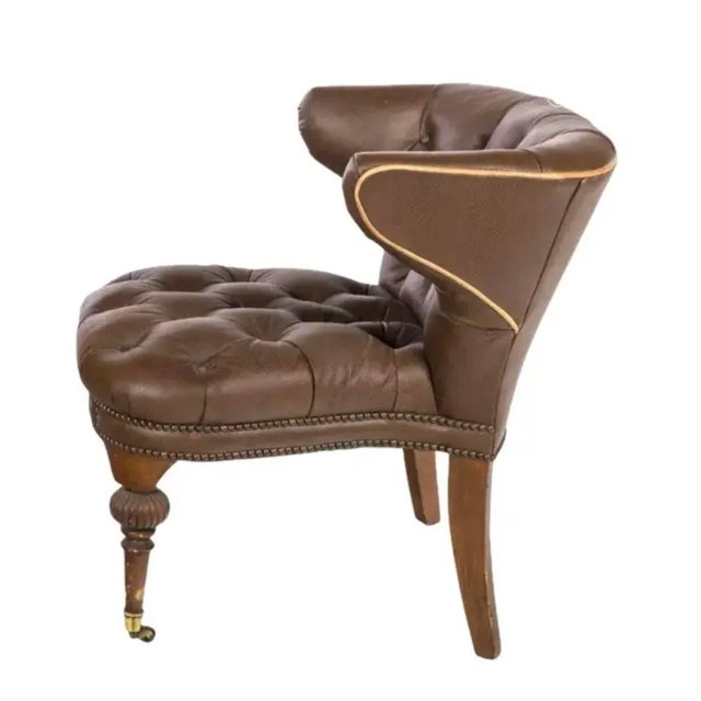 English English Style Tufted Brown Faux Leather Cockfighting Chair For Sale - Image 3 of 8