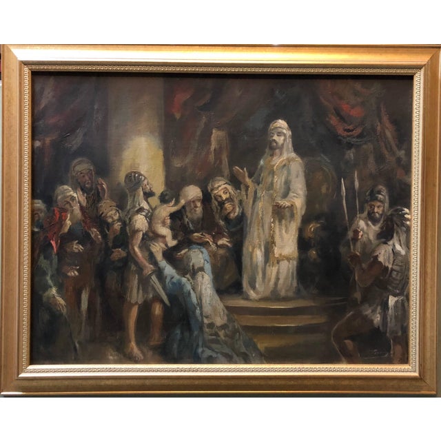 Anton Peczely, Wisdom of King Solomon Rare Biblical Hungarian Judaica Oil Painting For Sale