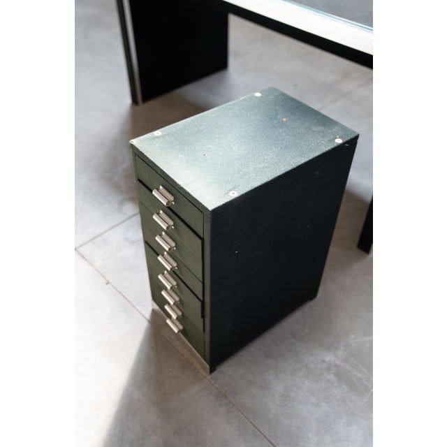 Strong and stable, impressive office desk by Guido Faleschini. Glass shelf, aluminum profiles, and Alcantara upholstery....