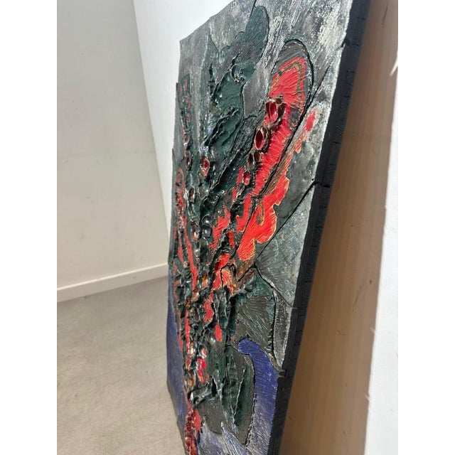The work is constructed with a strong tactile presence, blurring the boundary between painting and sculpture. Raised...