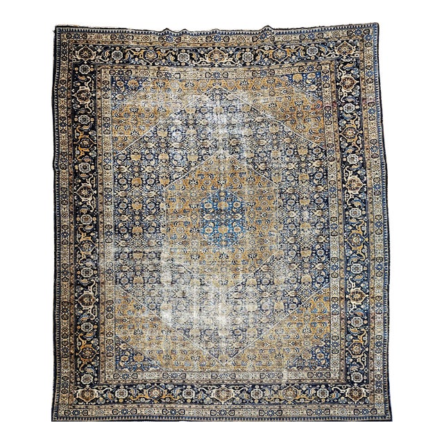 Vintage Persian Tabriz Rug, Hand-Knotted Wool, Herati Geometric Pattern, Navy & Camel, 10x13 For Sale