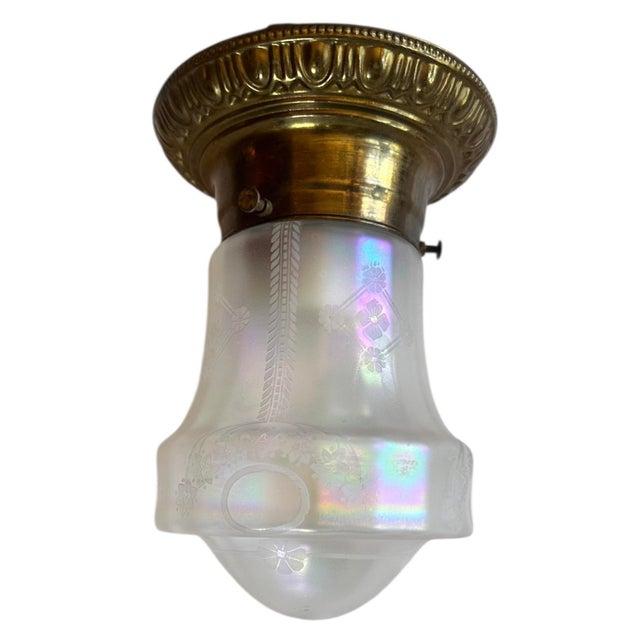 Acid Etched Flush Mount Fixture on Original Brass Holder, Circa 1910 For Sale - Image 4 of 4