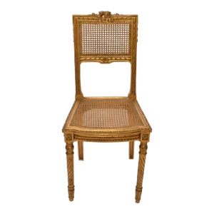 Carved & Turned Gilt Wood Vanity Chair Hollywood Regency Woven Cane Seat Italy