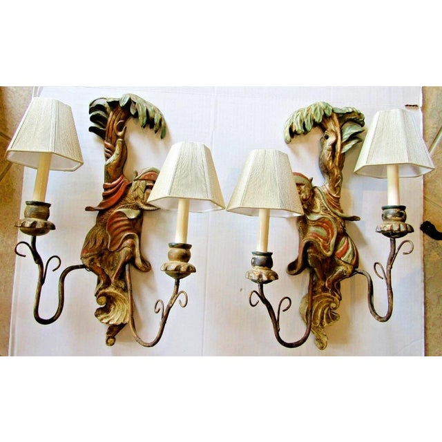 1920s Polychrome Hand Carved Wood and Iron Monkey Wall Sconces - a Pair For Sale - Image 4 of 17