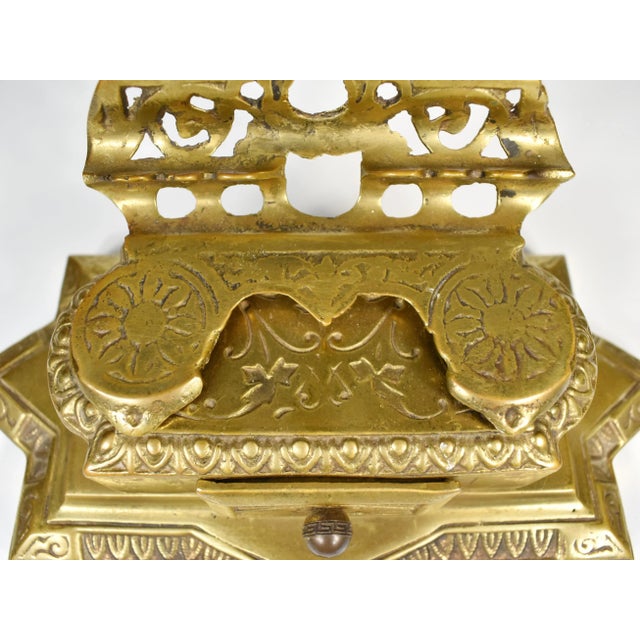 Metal Mid 20th Century Solid Brass Desk Double Inkwell and Pen Holder For Sale - Image 7 of 11