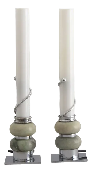 Exceptional Table Lamps in Chrome and Onyx with White Glass Cylinders, Set of 2