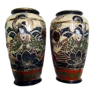 A Pair of Vintage Japanese-Asian Hand-Painted Vases - 1950 For Sale