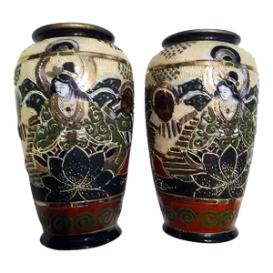 A Pair of Vintage Japanese-Asian Hand-Painted Vases - 1950