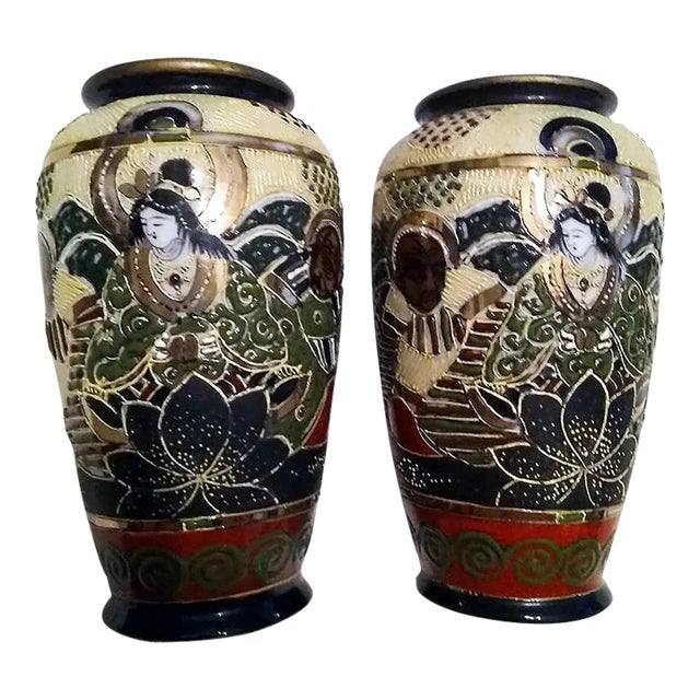 Vintage Mid-Century Japanese Satsuma Moriage Porcelain Vases - A Pair For Sale