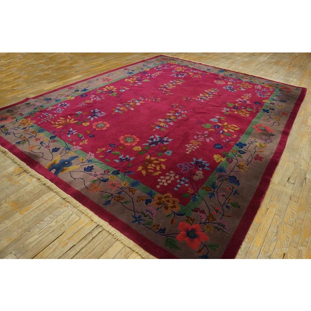 1920s Ruby Red Floral Vase Antique Chinese Art Deco Carpet 9' X 11'9" Knotted Wool Rug For Sale - Image 12 of 12