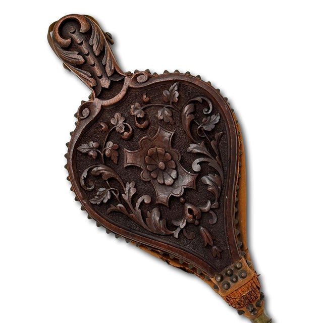 Auburn Fine Antique Hand Carved Walnut Black Forest Fireplace Bellows Northwind For Sale - Image 8 of 18