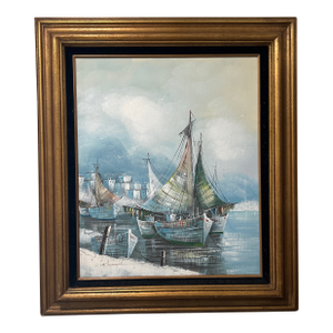 Vintage Seascape Nautical Painting by G. Mangeri Framed