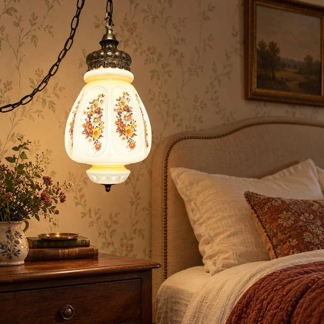 French Country Vintage French Country Floral Glass Swag Plug in Lamp Pendant Light Reading Nook For Sale - Image 3 of 9