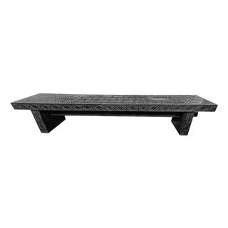 Sculptural Mango Wood Bench, Carved Detailing, Burnt Finish Modern Organic For Sale