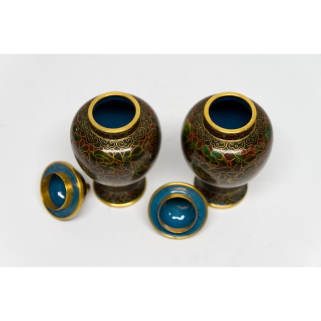 Small Enameled Brass Cloisonne Ginger Jars a Pair For Sale - Image 4 of 5