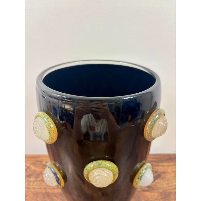 Vintage Monumental Murano Black Glass Vase With Applied Glass Rose Medallions For Sale In Miami - Image 6 of 10