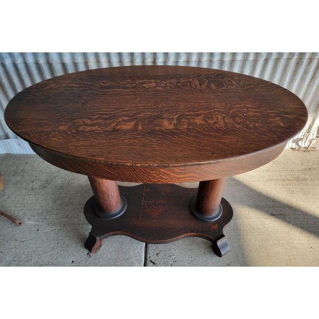 Antique Oval Library Table Tiger Oak With Column Base Circa. 1890 For Sale - Image 12 of 13