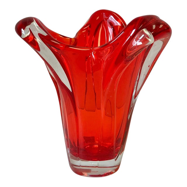 Vintage 1950's Free Form Red Glass Vase For Sale