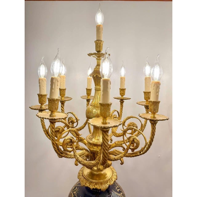 1960s Majestic Pair of Antique Sevres-Style Porcelain & Ormolu Candelabra Lamps on Pedestals 19th Century For Sale - Image 4 of 8