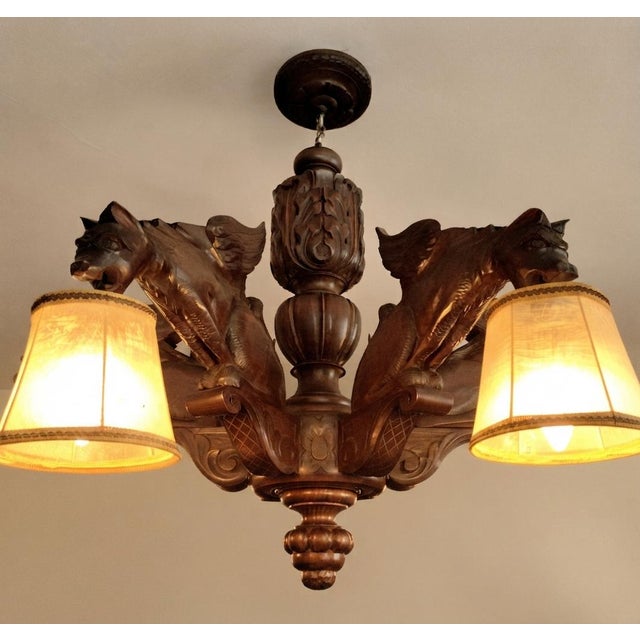 1940s Antique Black Forest Gothic Revival Carved Wood Chandelier with Gargoyles and Mascarons, 1940s For Sale - Image 5 of 17