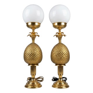 Mid-Century Brass Pineapple Table Lamps with Opaline Glass Globes, 1970s, Set of 2 For Sale