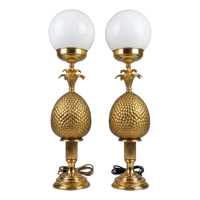 Mid-Century Brass Pineapple Table Lamps with Opaline Glass Globes, 1970s, Set of 2 For Sale