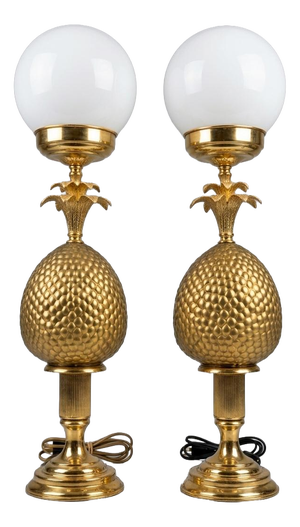 Mid-Century Brass Pineapple Table Lamps with Opaline Glass Globes, 1970s, Set of 2