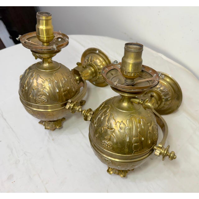 Large Heavy Pair Antique 1800's Electric Sphere Brass Wall Gas Sconces Fixture For Sale - Image 15 of 18